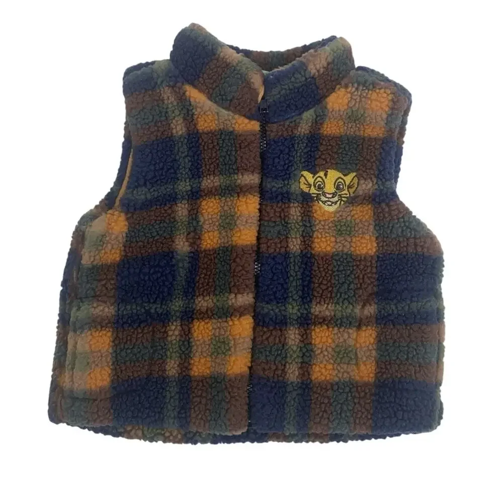 Disney Lion King Baby Fleece Vest Size 3-6M Plaid Pattern Baby Simba Appliqué